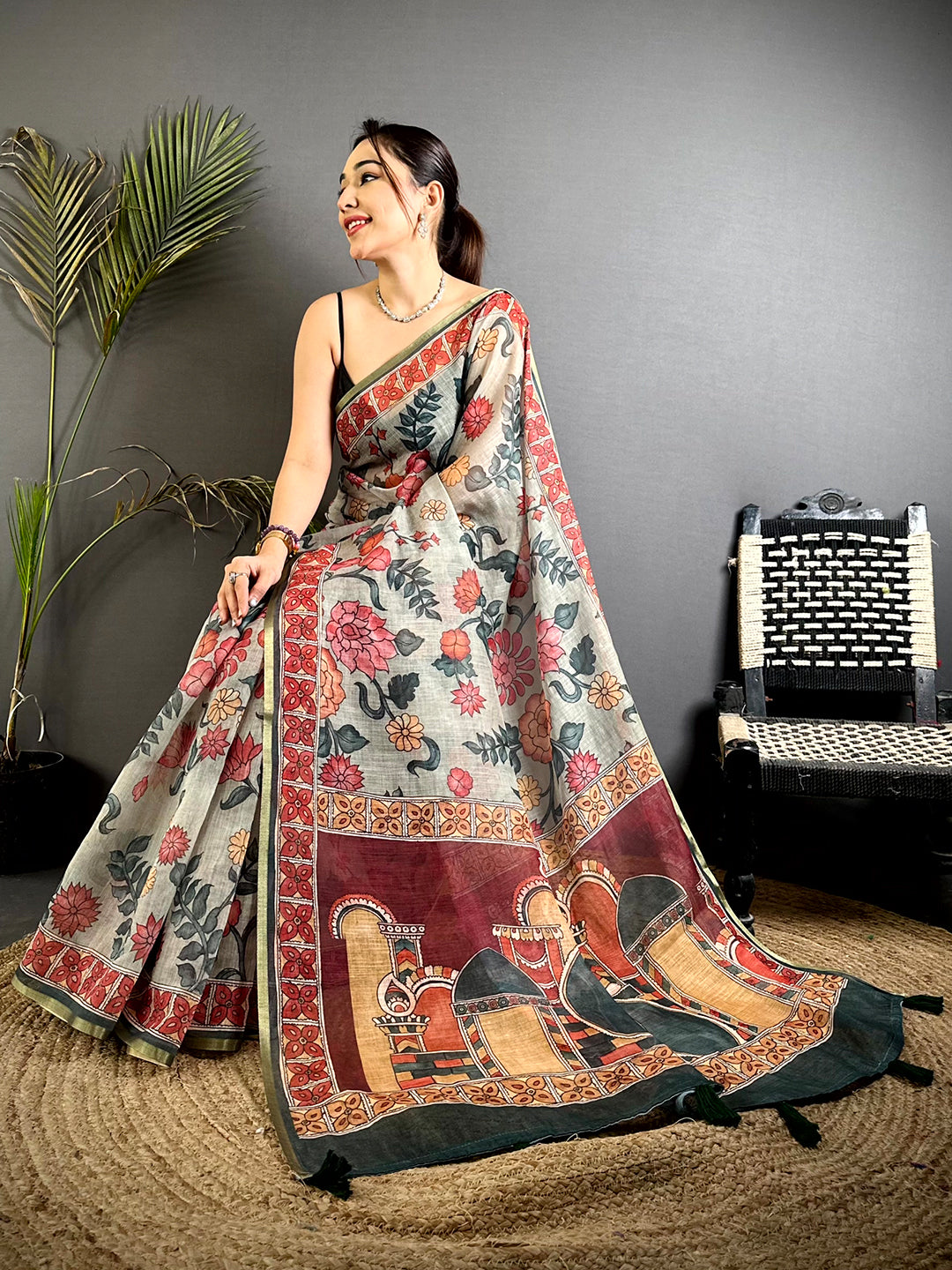 Heritage Floral Kalamkari Soft Linen Saree



