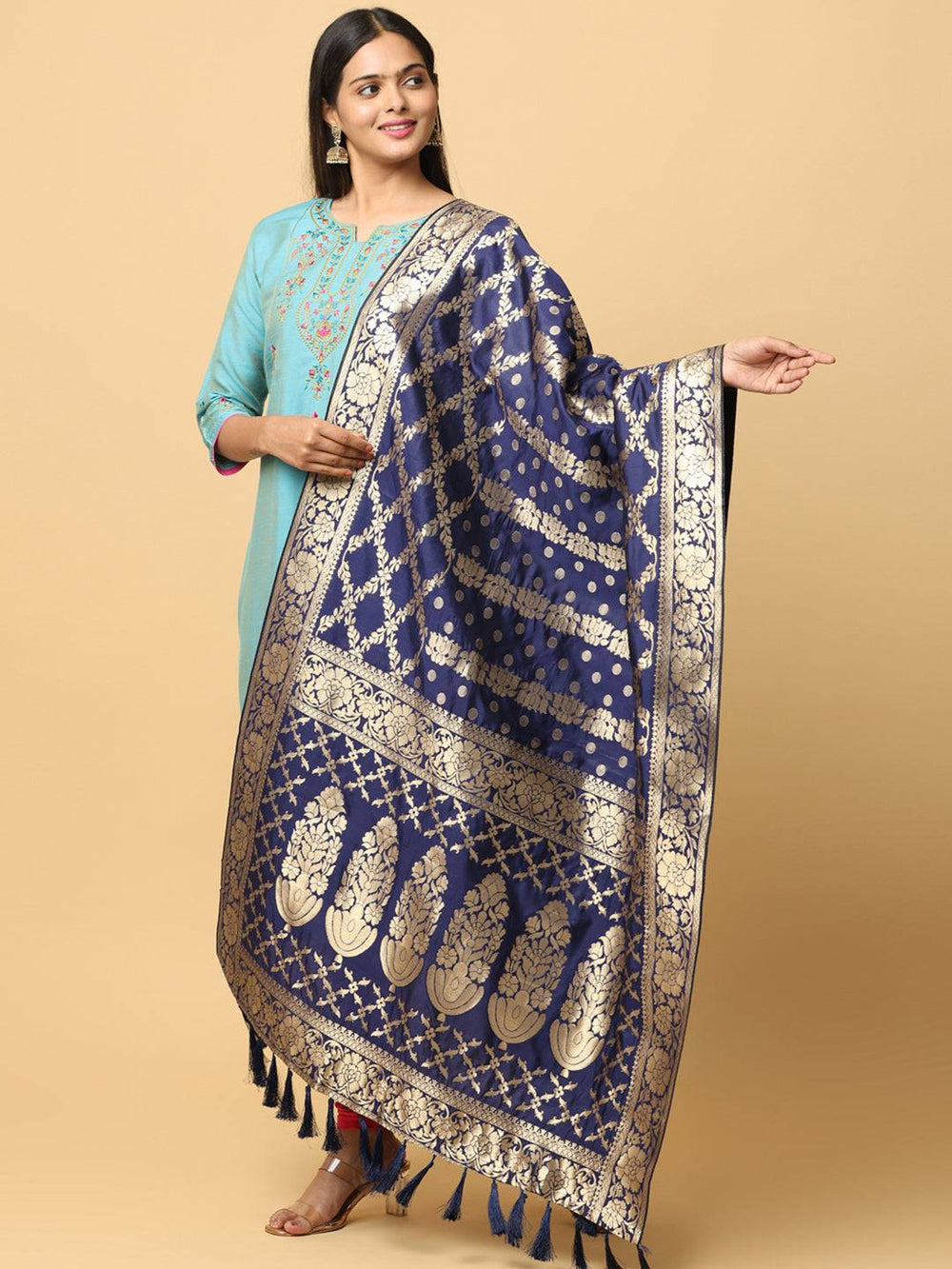Trendy silk blend woven design dupatta with resham tassels
