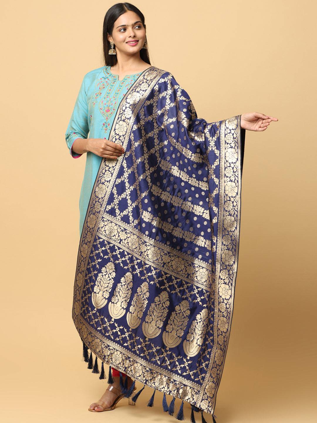 Trendy silk blend woven design dupatta with resham tassels