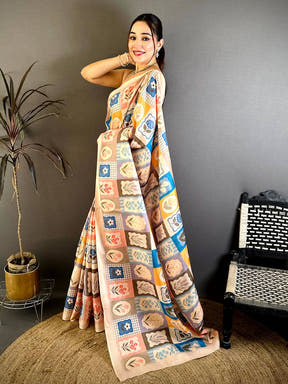 Tussar Multicolour Patchwork Grid Saree