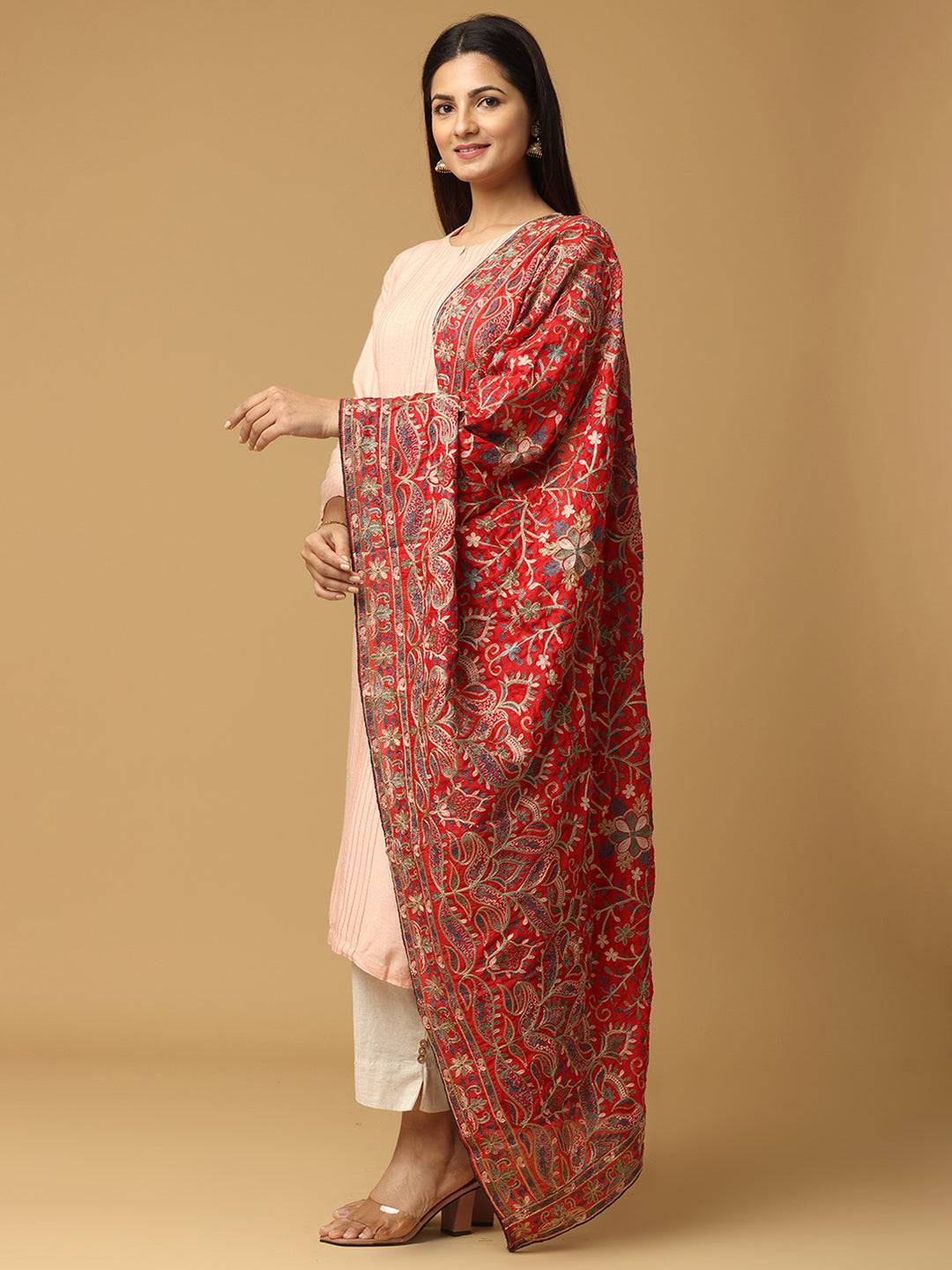 Side view of red poly chiffon pashmina dupatta with resham threadwork