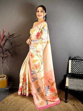 Peach Tussar Floral Water Block Saree