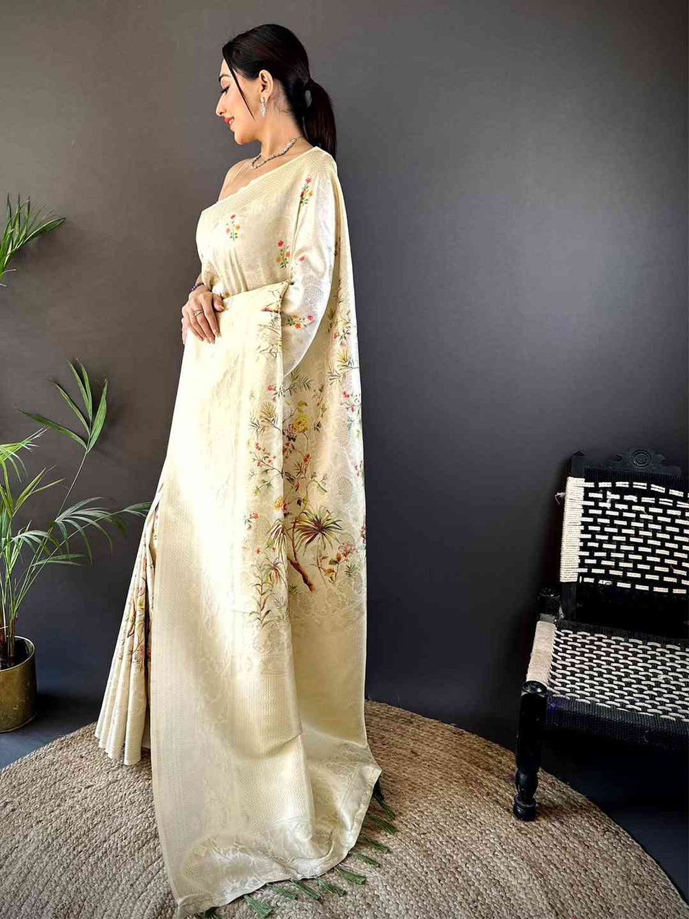 White Kanjivaram Digital Silk Saree