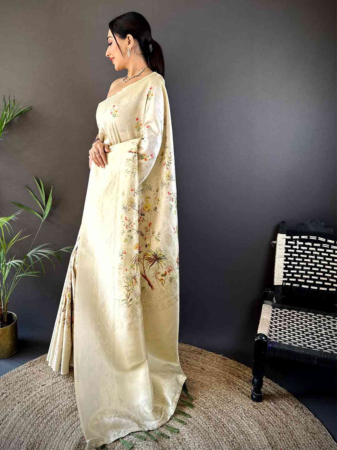 White Kanjivaram Digital Silk Saree