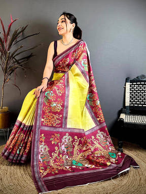 Mustard Yellow Pen Kalamkari Saree