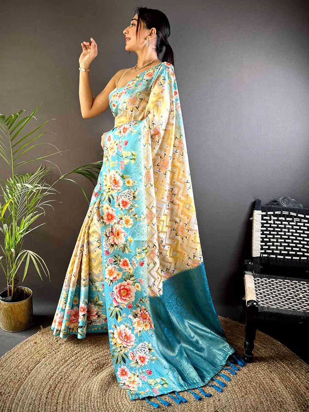 Sky Blue Zari Zigzag Kota Doriya Saree