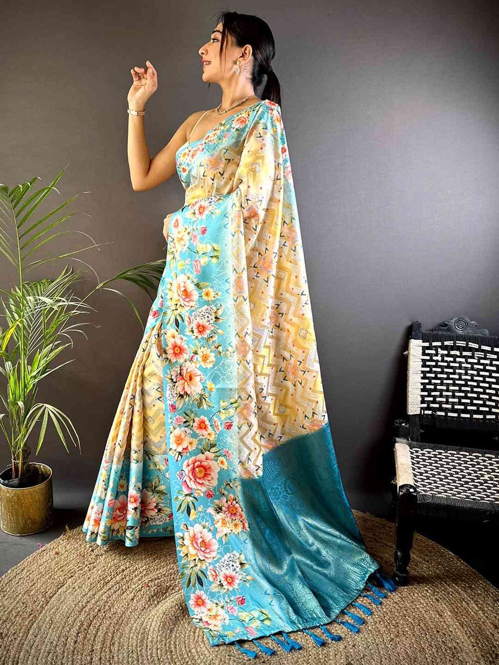 Sky Blue Zari Zigzag Kota Doriya Saree