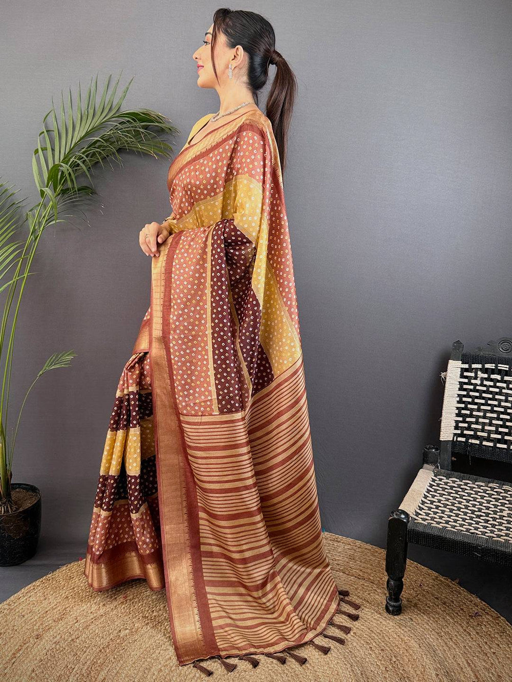 Brown Soft Dola Bandhej Print Saree