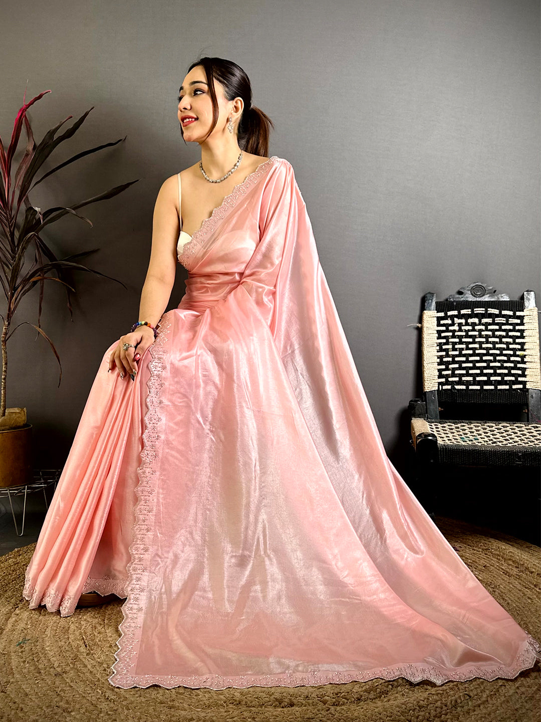 Artistic Silver Glass Swarovski Silk Saree