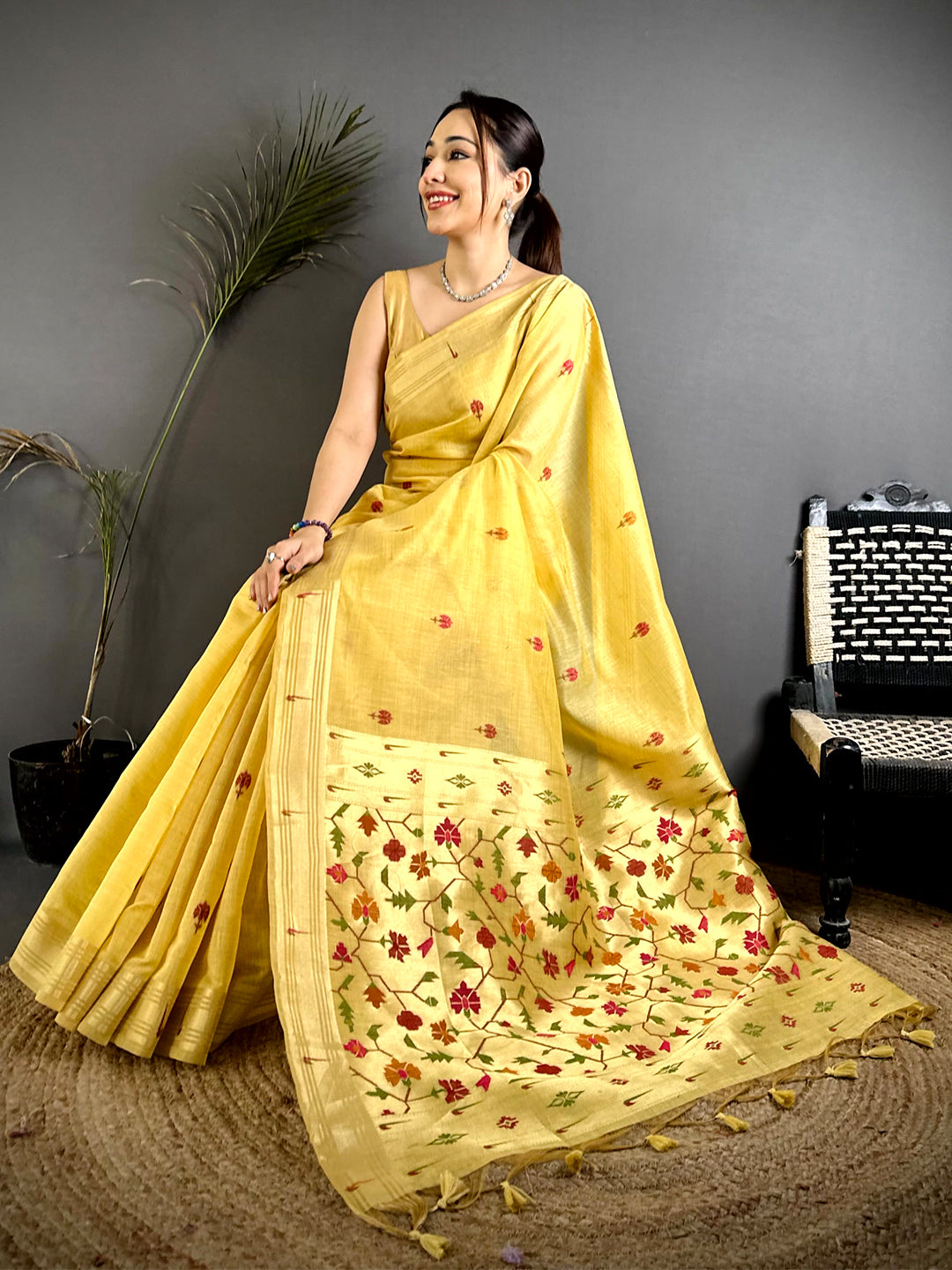 Yellow Geometric Patola Khadi Linen Saree