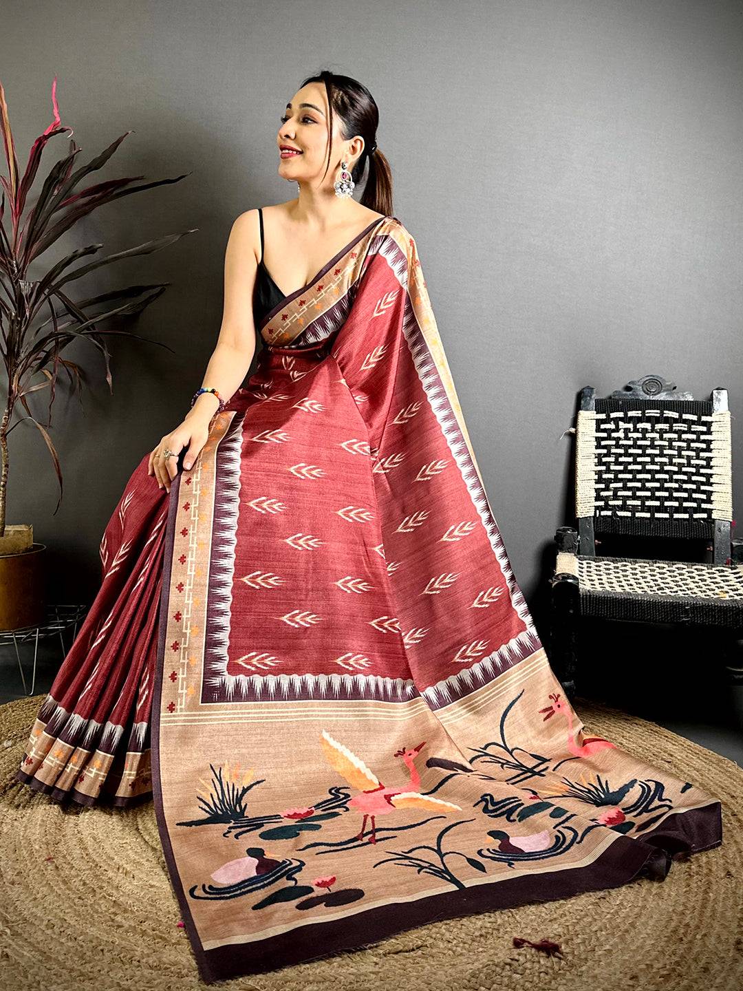 Classic Red Bold Ikkat Tussar Saree