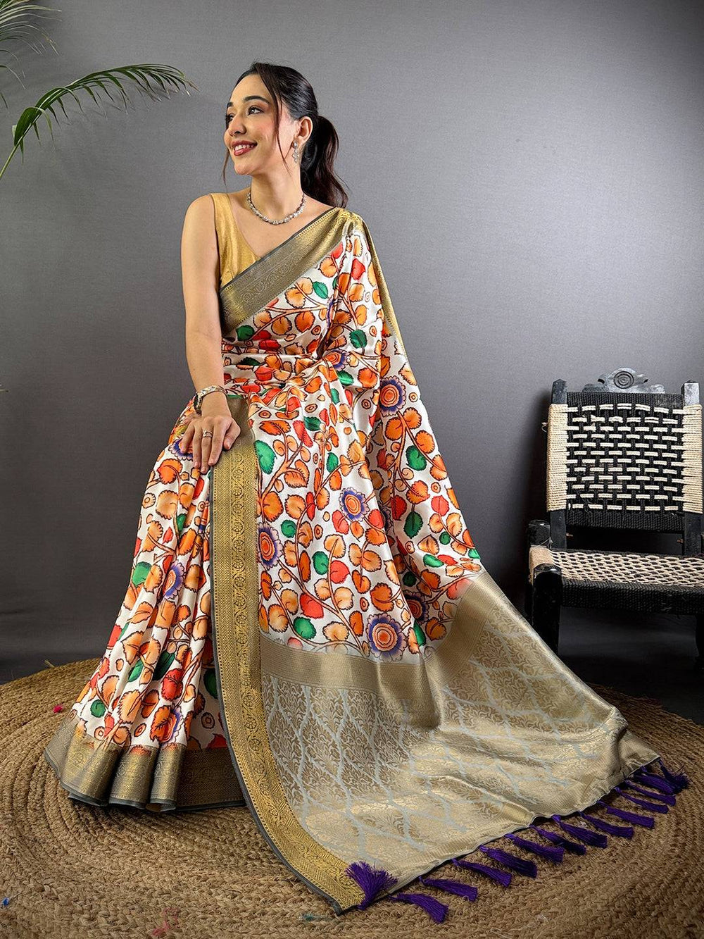 Radiant Floral Kalamkari Digital Print Saree