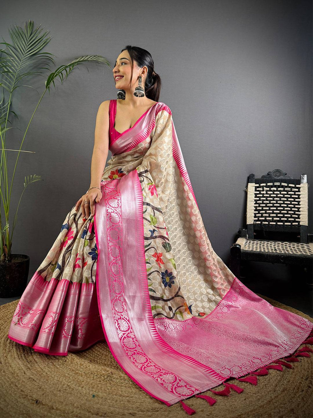 Elegant Cream Kora Tissue Saree