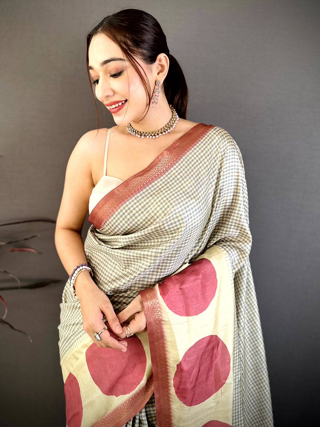 Elegant Polka Dot Grid Check Soft Tussar Saree