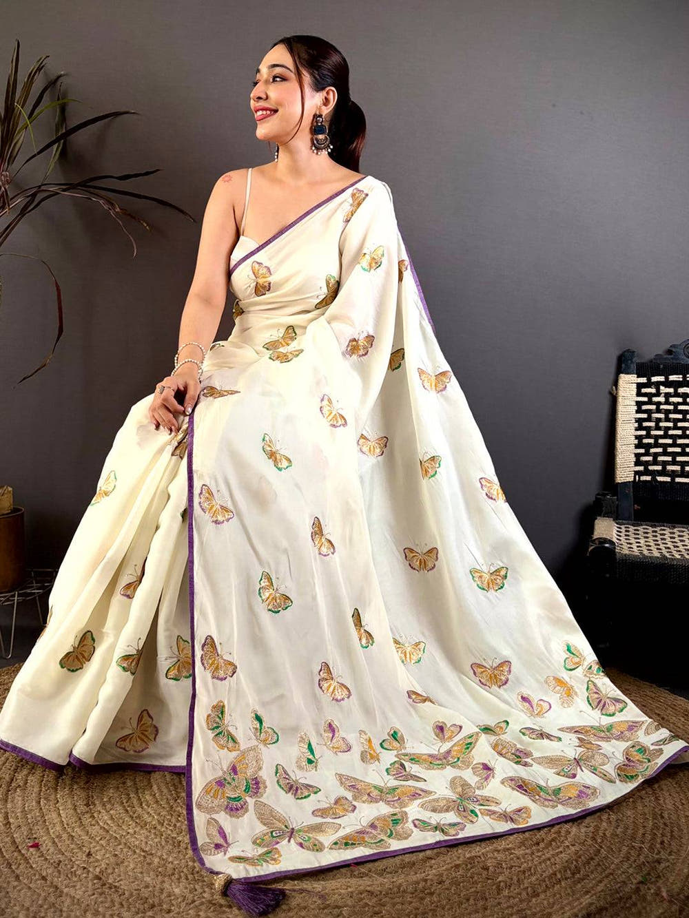 Poly Silk Butterfly Embroidered Work Saree