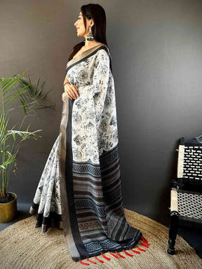 Elegant Black Check Floral Tissue Chanderi Saree
