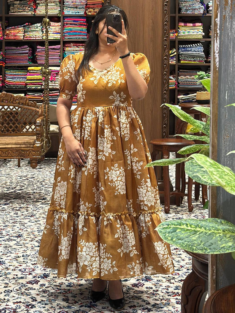 Elegant Honey Yellow Floral Midi Dress in store