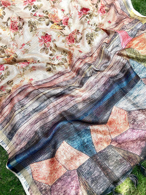 Soft Kota Doriya Silk Saree With Flower & abstect Prints