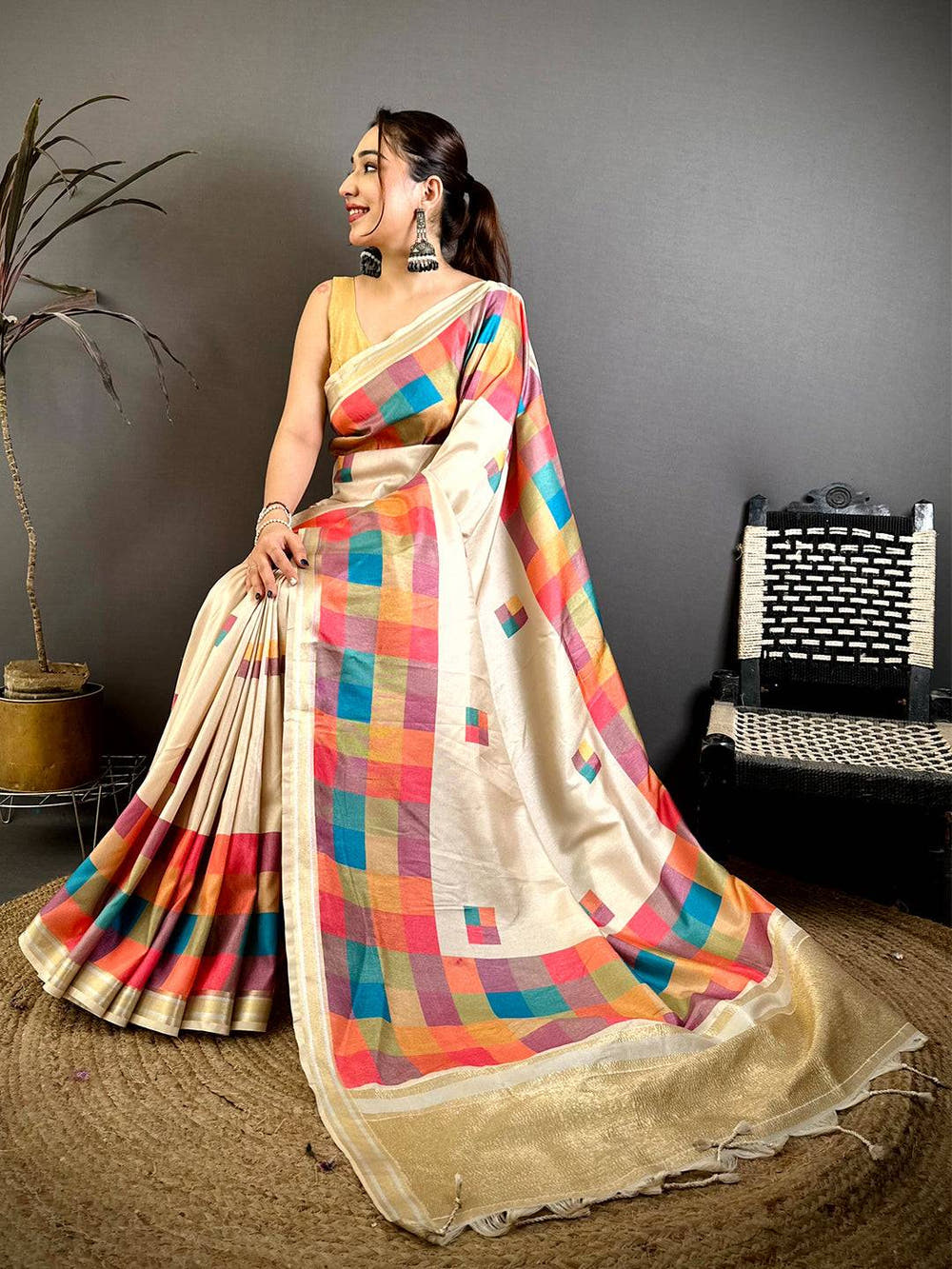 Soft Silk Multi Box Print Gaji Pallu Saree