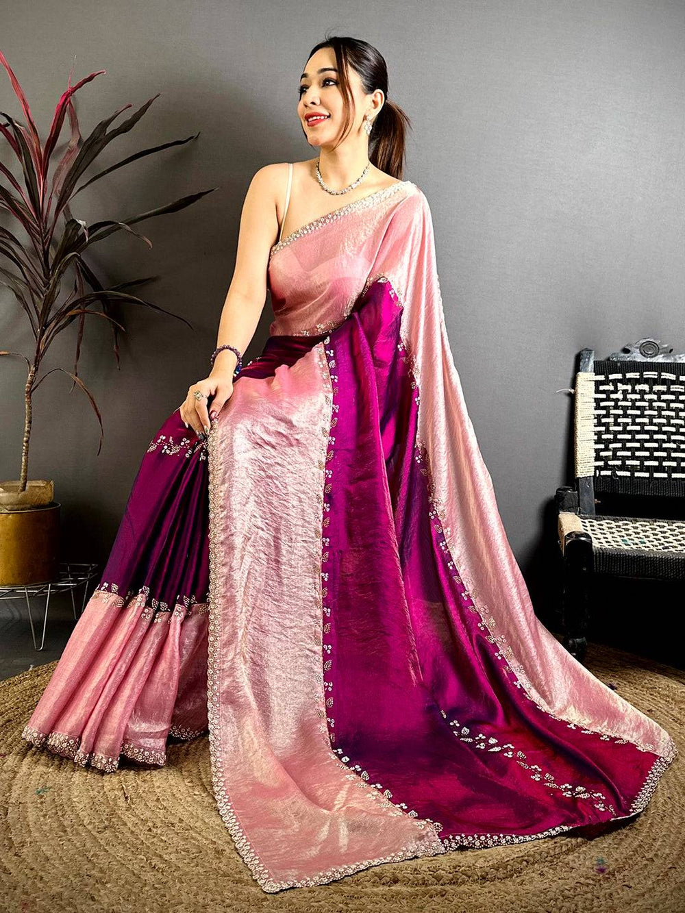 Stylish Peal Satin Tissue Saree