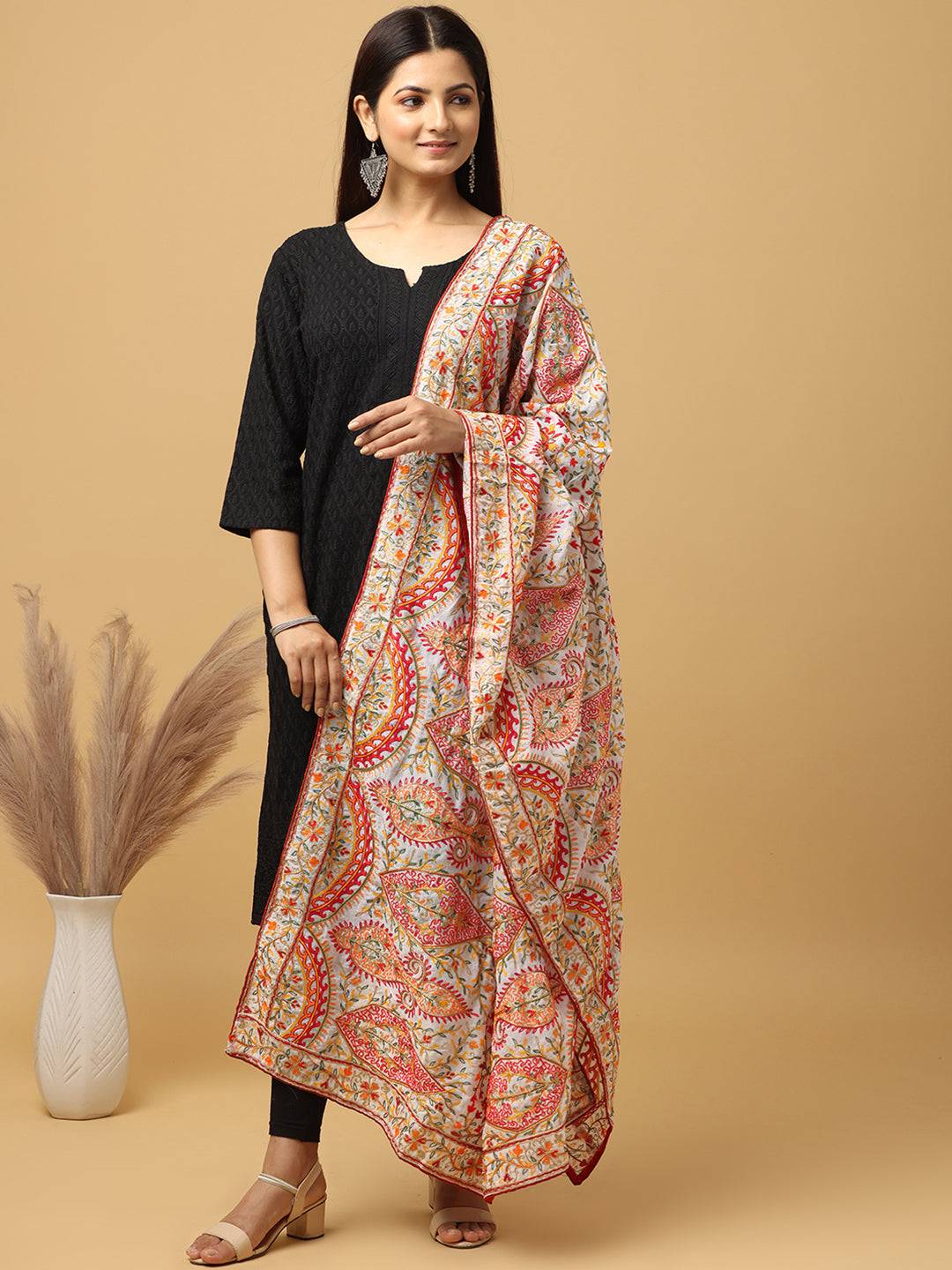 Stylish poly chiffon pashmina dupatta draped over shoulder.