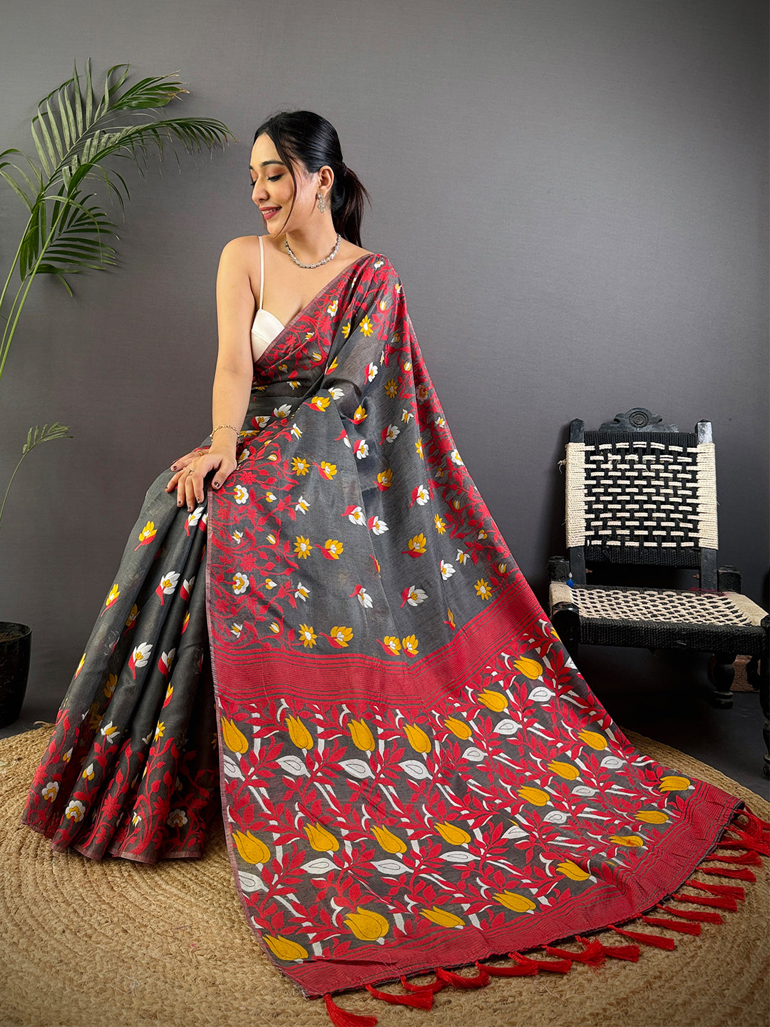 Royal Grey Dhakai Cotton Silk Saree