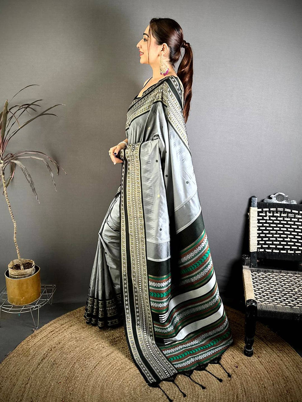 Grey Soft Silk Bomkai Zari Rich Pallu Saree