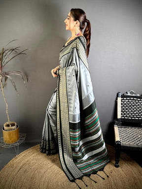 Grey Soft Silk Bomkai Zari Rich Pallu Saree