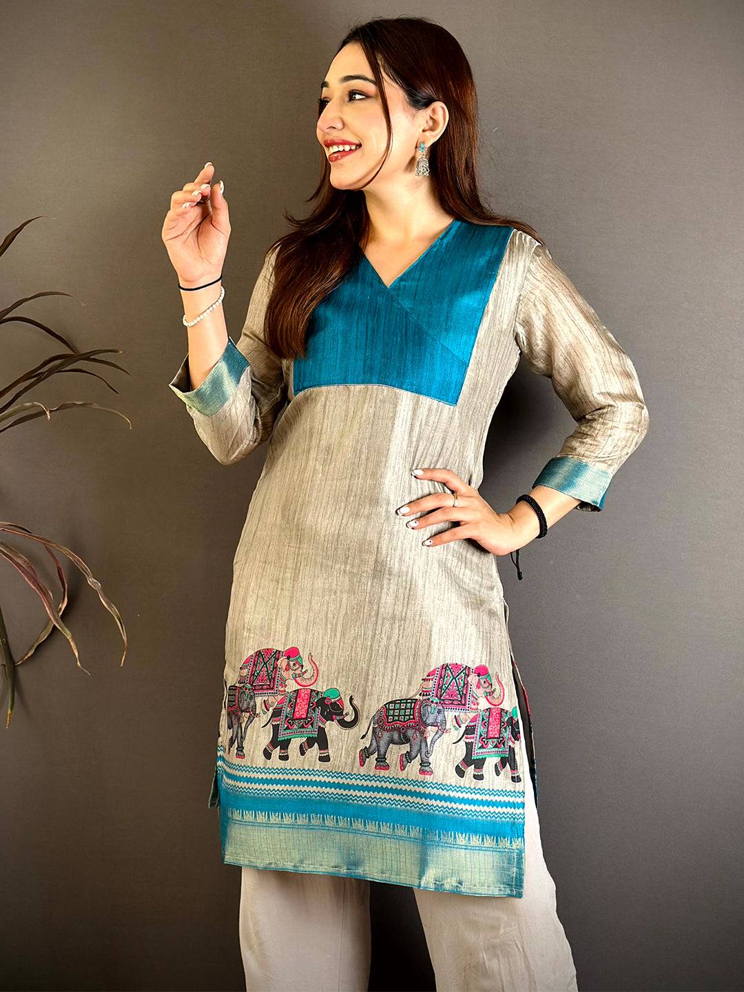 Elegant Soft Dola Silk V-Neck Flared Kurti