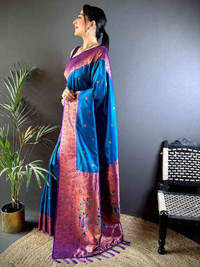 Blue Peacock Feather Paithani Soft Silk Saree
