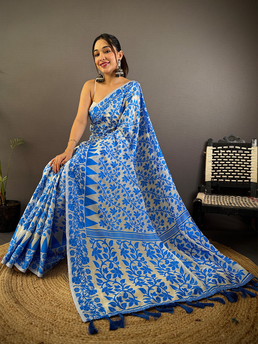 Sky Blue Dhakai Jamdani Cotton Silk Saree