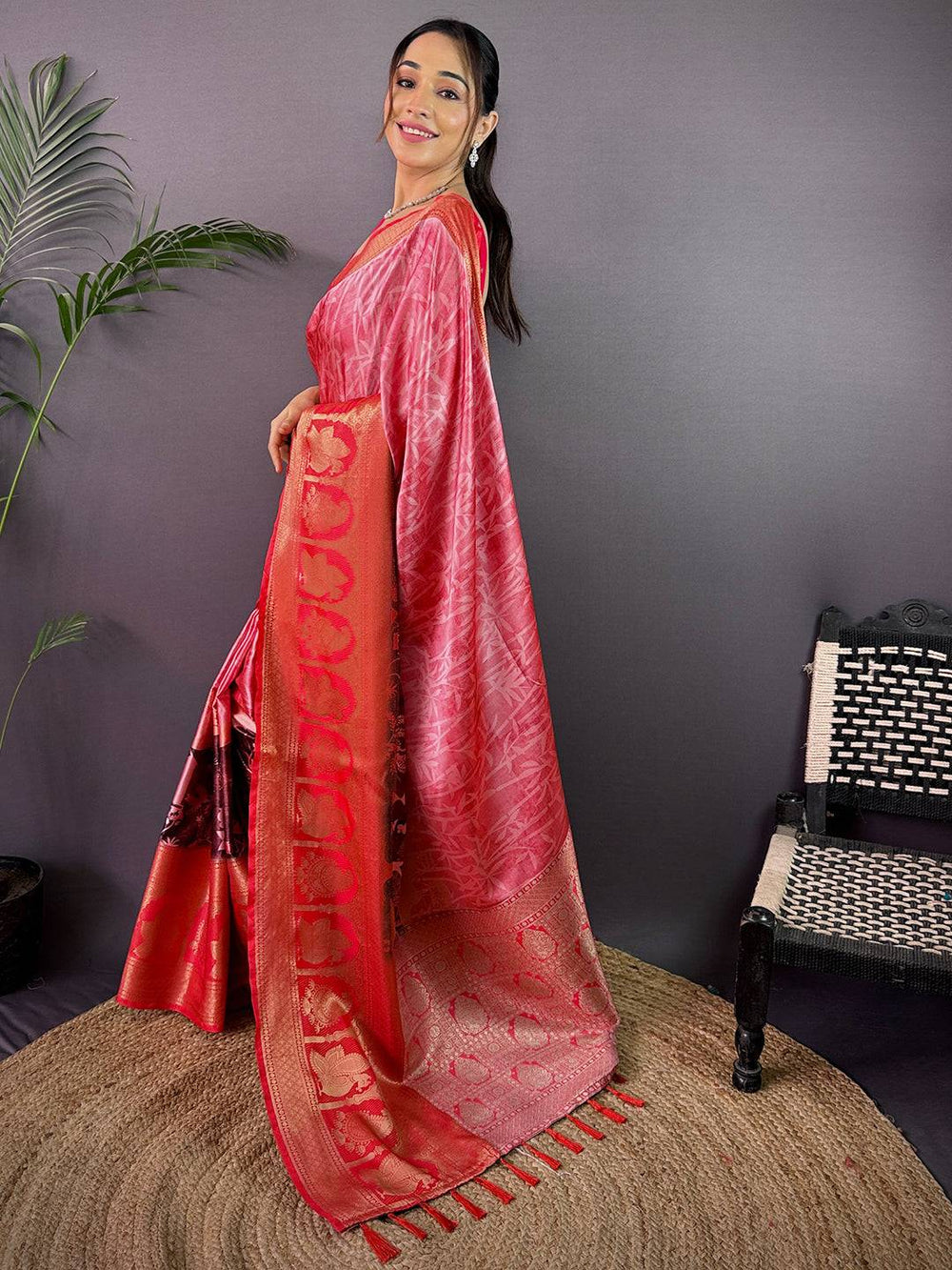 Radiance Soft Cherry Satin Kalamkari Print Saree