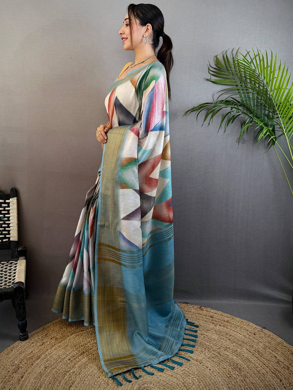 Sky Blue Geometric Kalamkari Linen Saree


