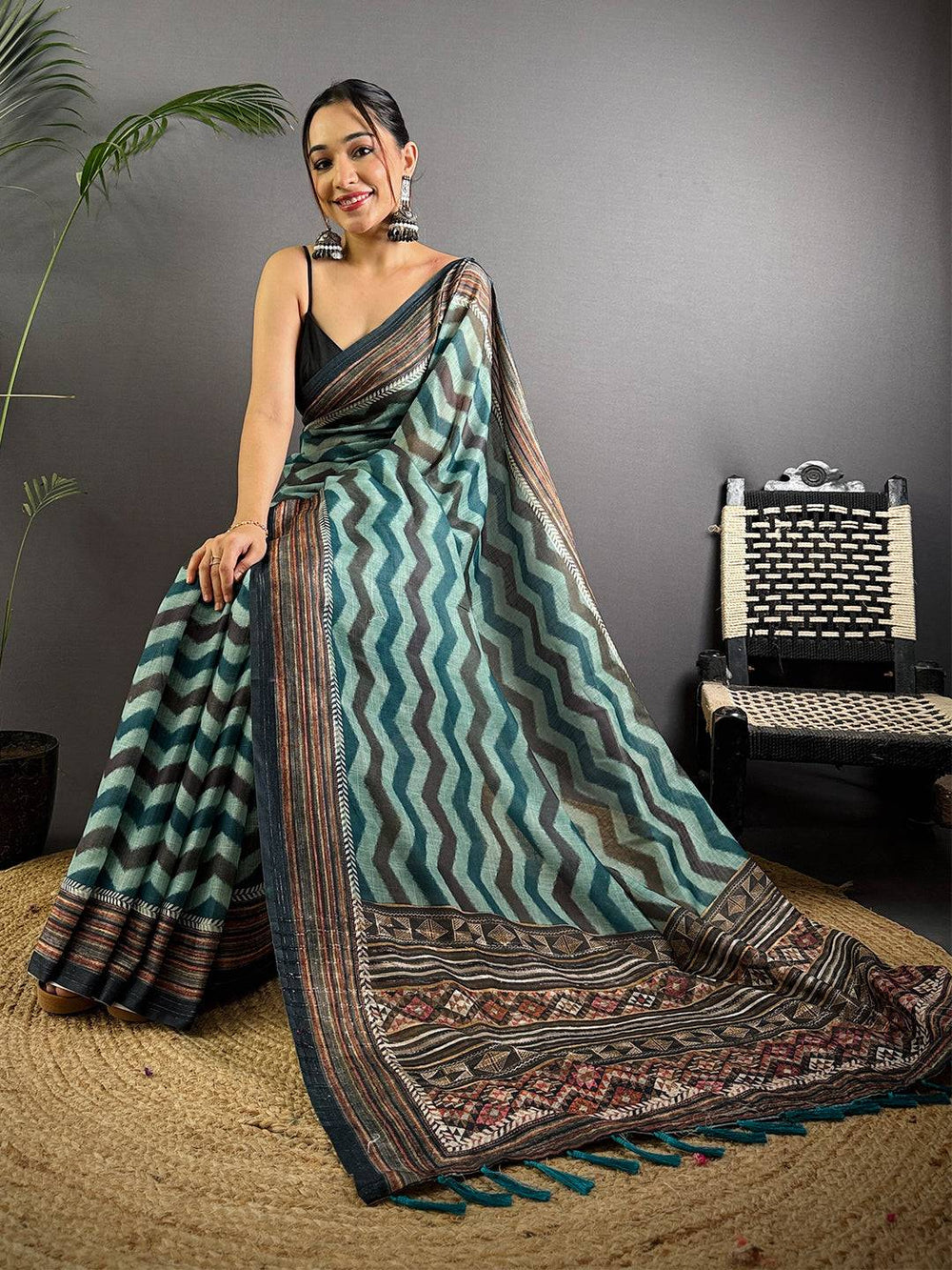 Radiant Geometric Printed Linen Saree