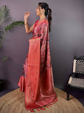 Dark Peach Cherry Satin Kalamkari Saree
