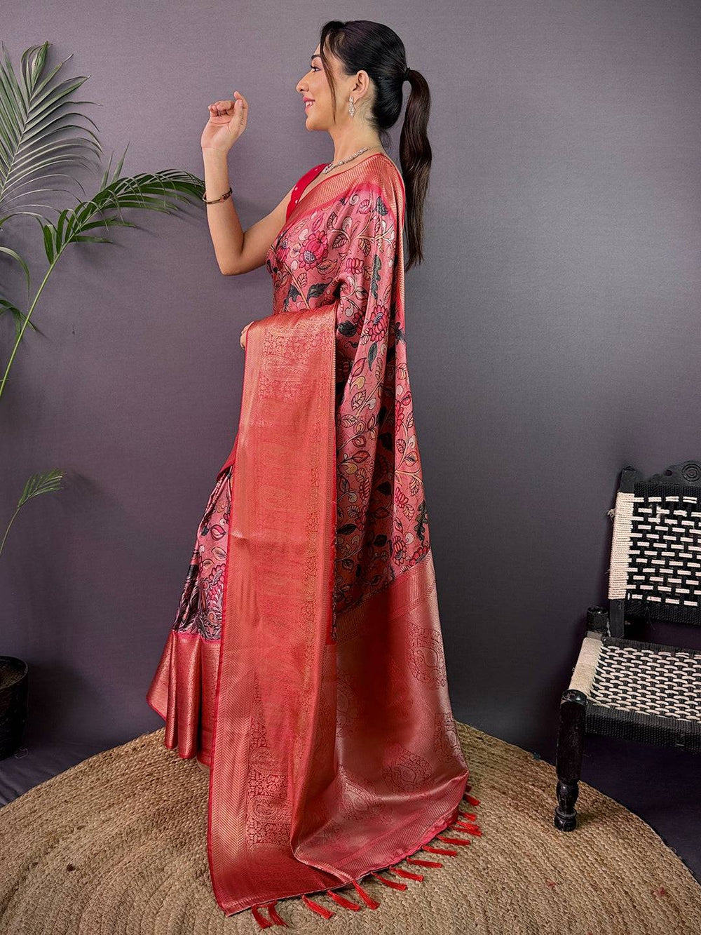 Dark Peach Cherry Satin Kalamkari Saree
