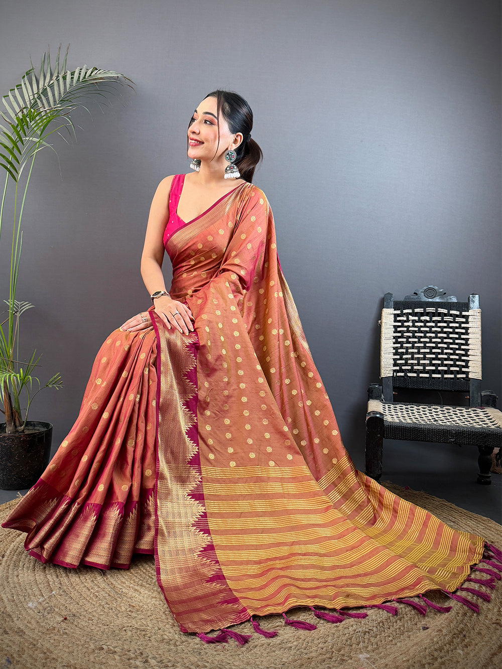 Brown Hand Dyed Raw Silk Saree
