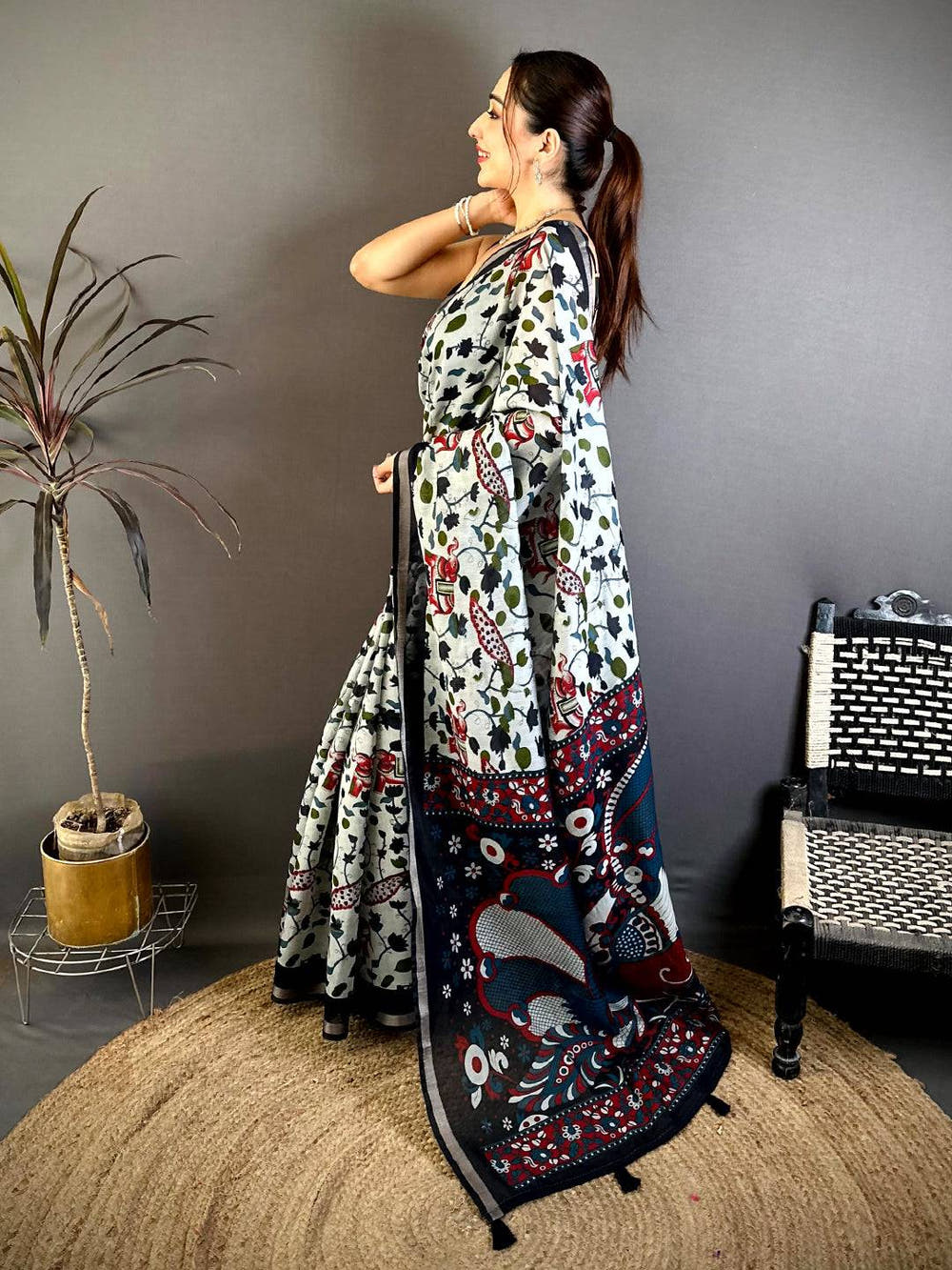 Stylish Mul Cotton Elephant Kalamkari Print Saree