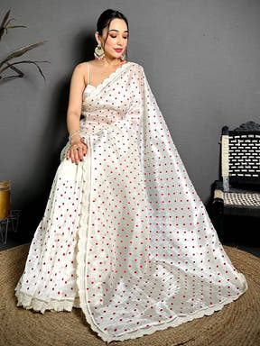 White Soft Tissue Resham Polka Dot Saree