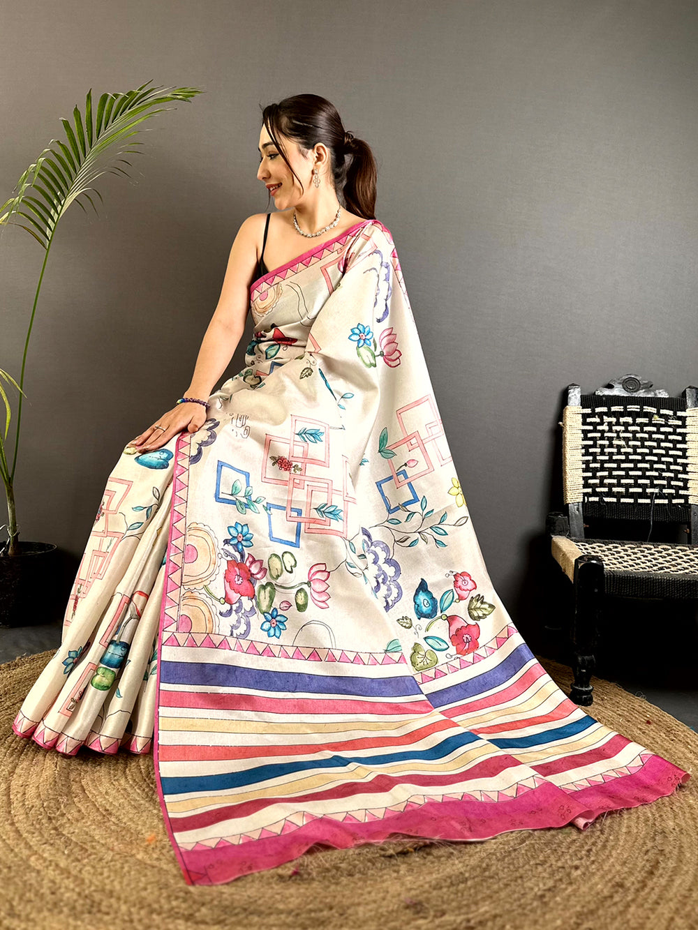 Off White Semi Tussar Striped Pallu Saree