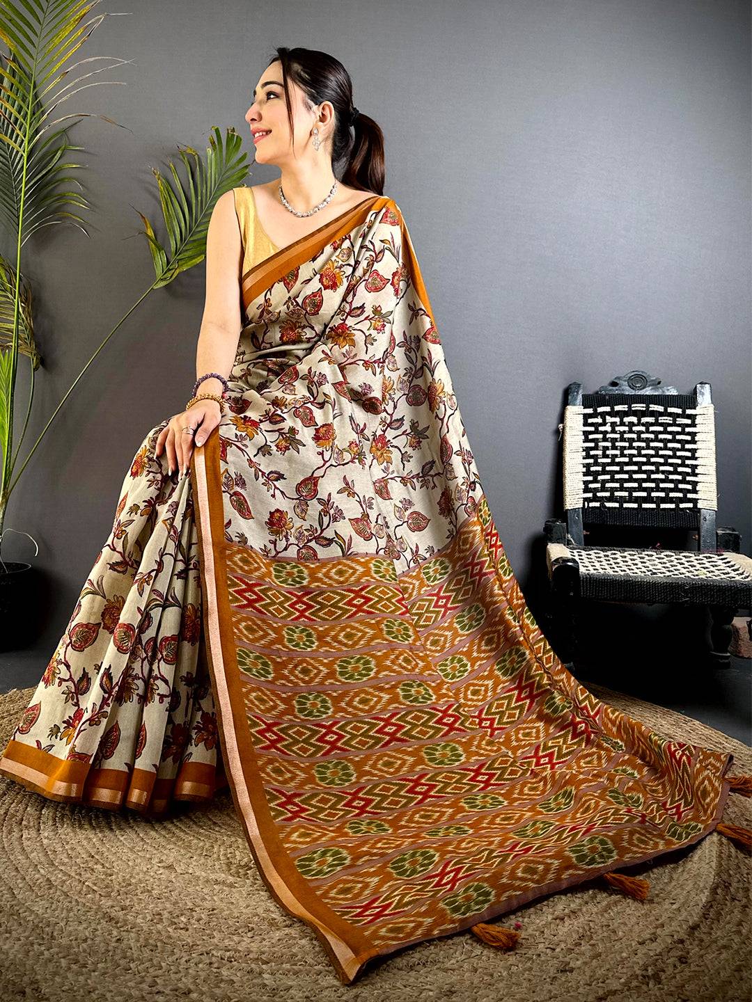 Yellow  Floral Phulkari Mul Cotton Saree