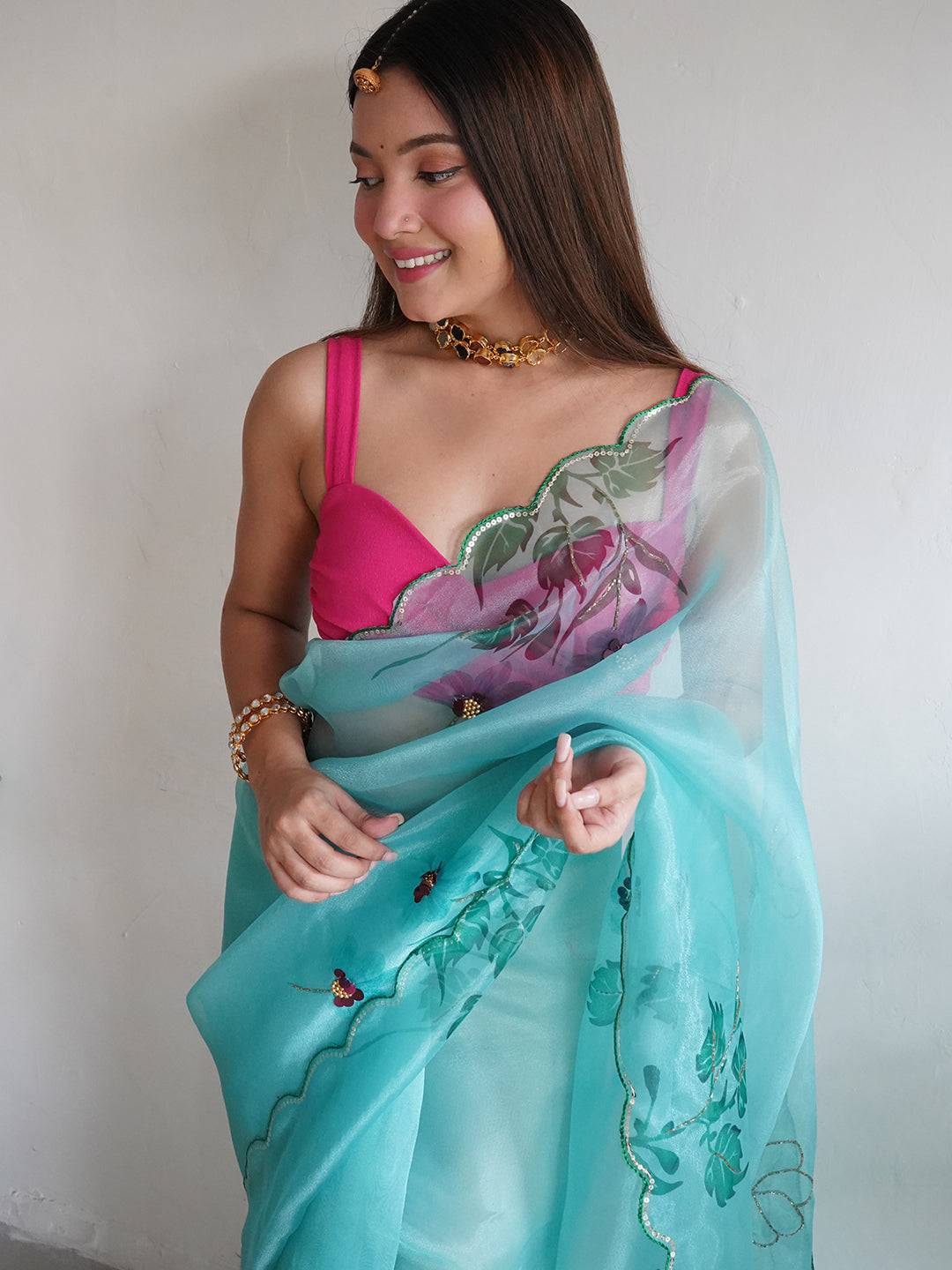 Handcrafted Organza Saree with Digital Print and Khatli Work