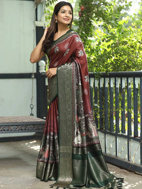 Maroon Ajrak Block & Hand Kalamkari Print Pure Viscose Saree 
