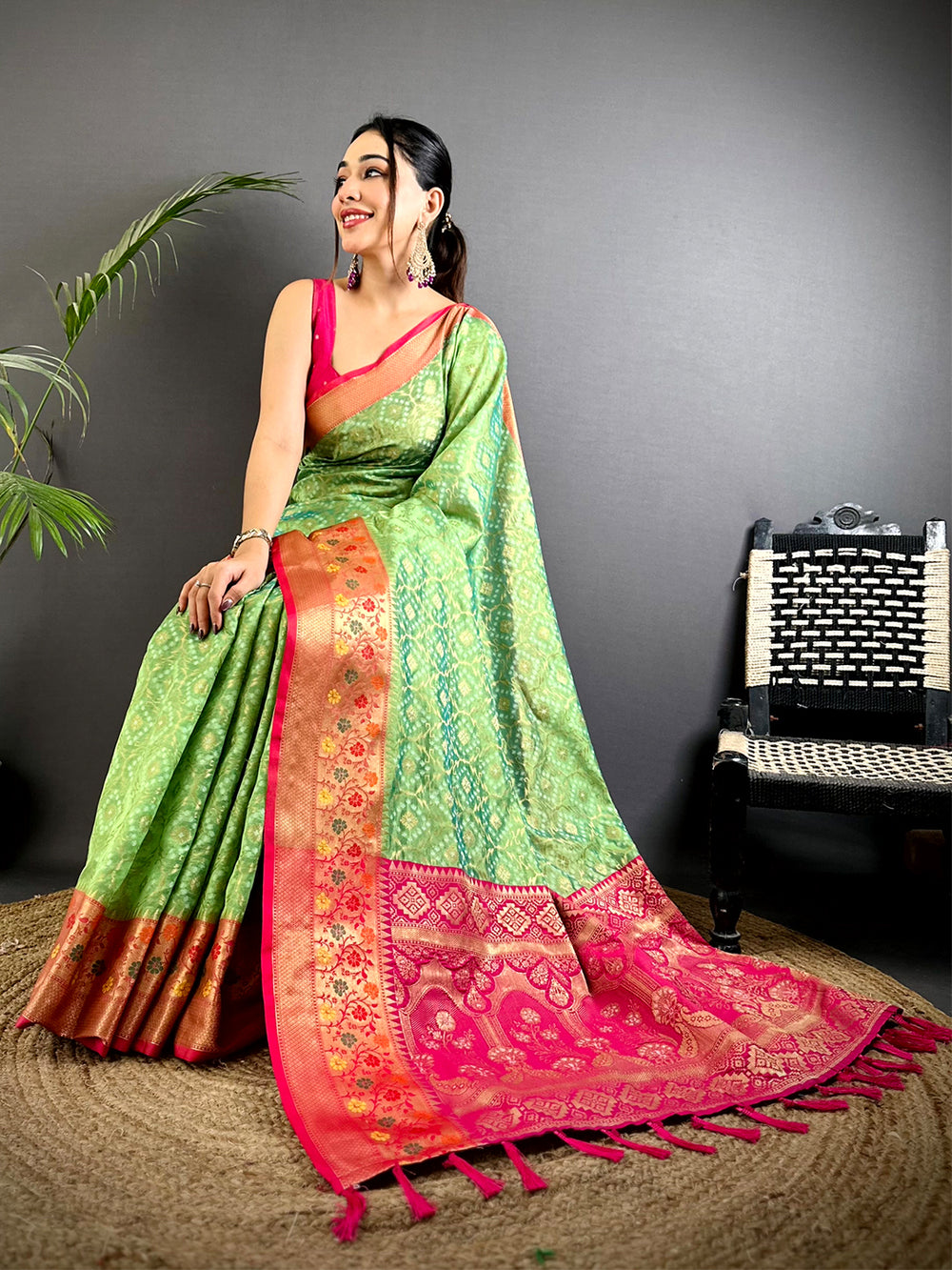 Green Banarasi Minakari Katan Silk Saree