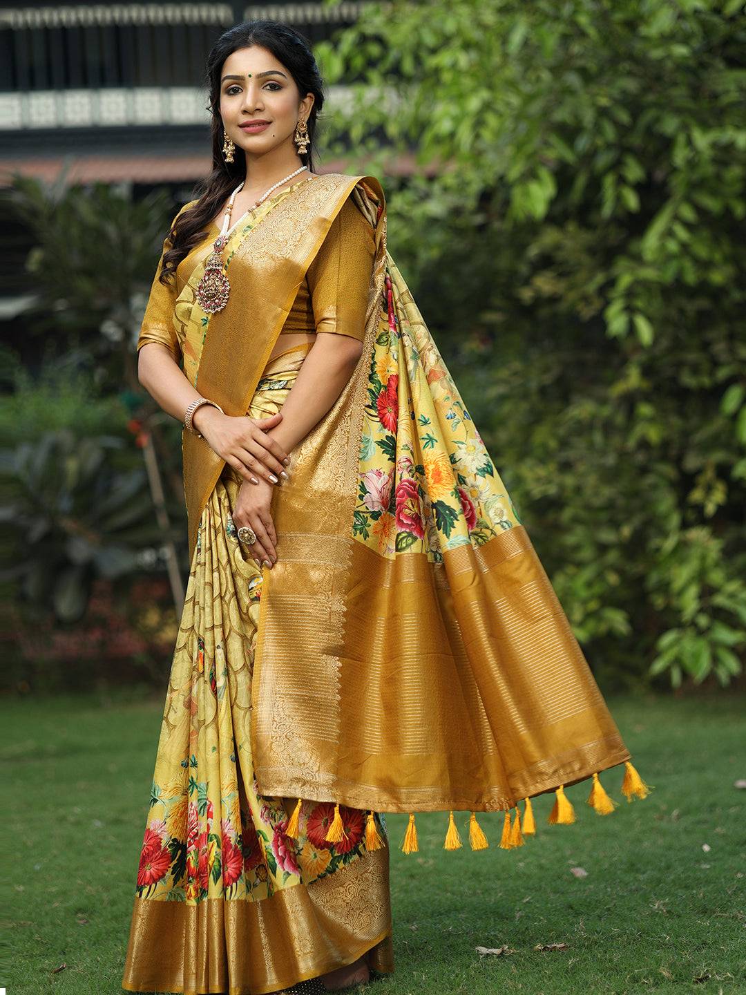 Yellow Pure Viscose Dola Silk Floral & Kalamkari Print Saree