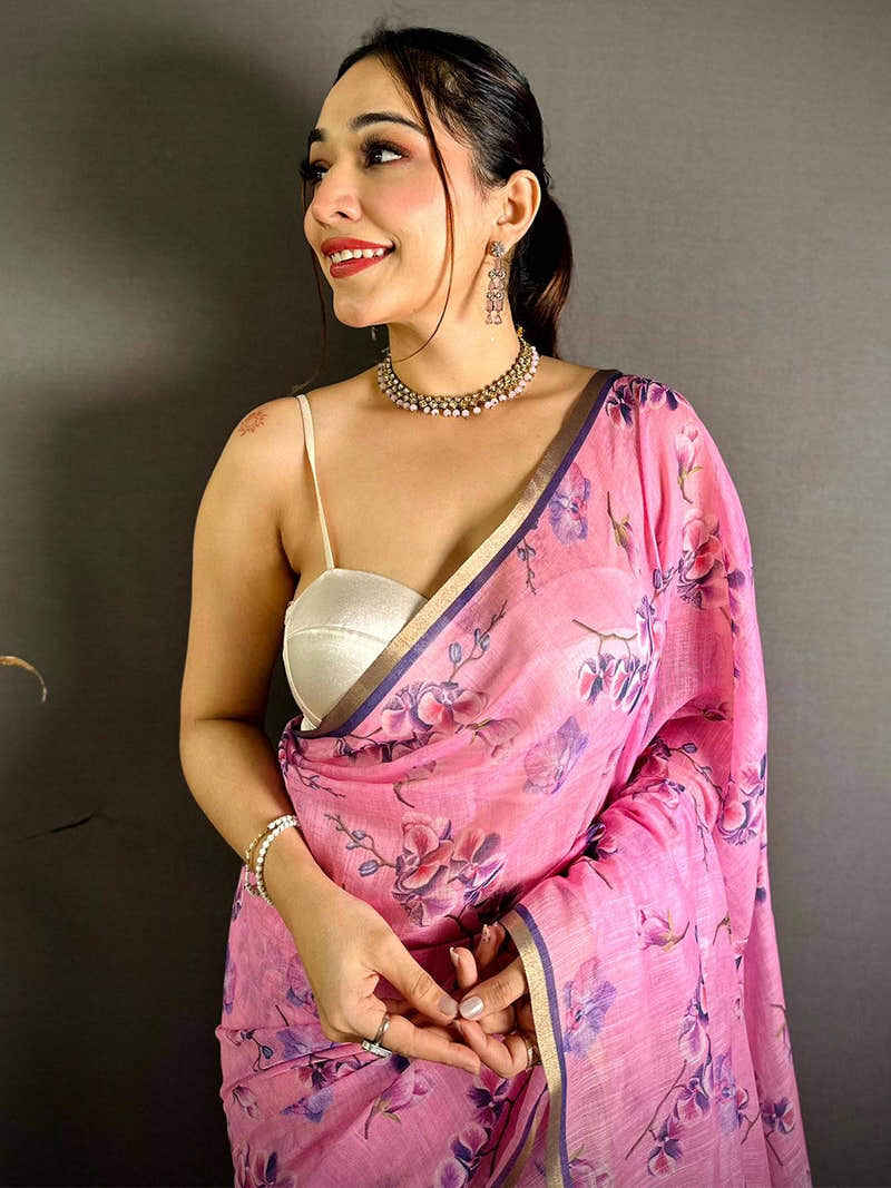 Radiant Pink Linen Chanderi Floral Print Saree
