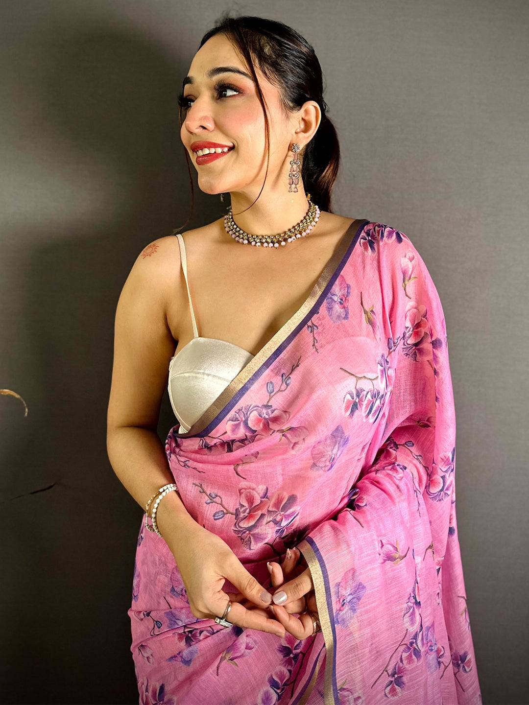 Radiant Pink Linen Chanderi Floral Print Saree