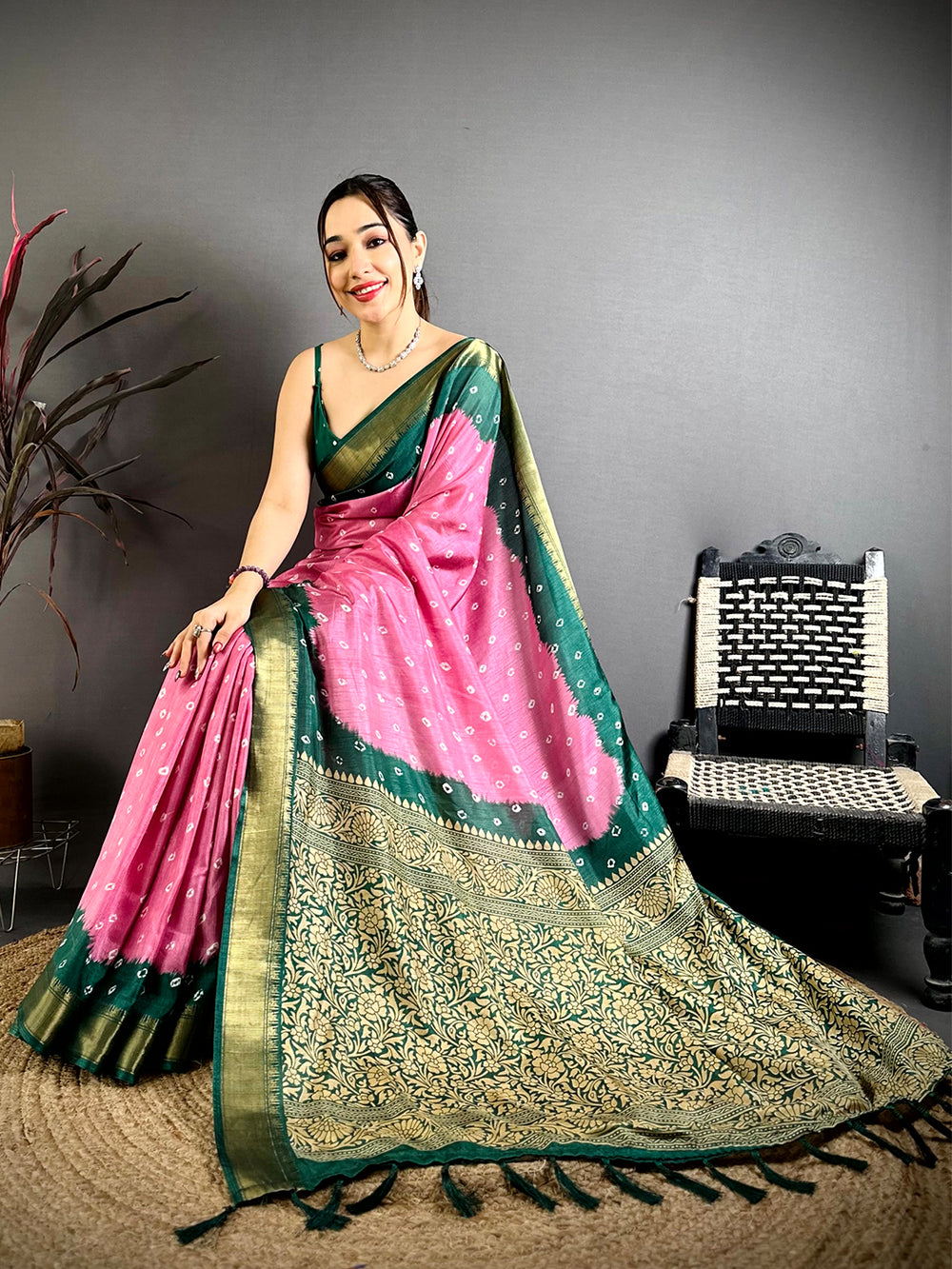 Pink Bandhej Printed Dola Silk Saree