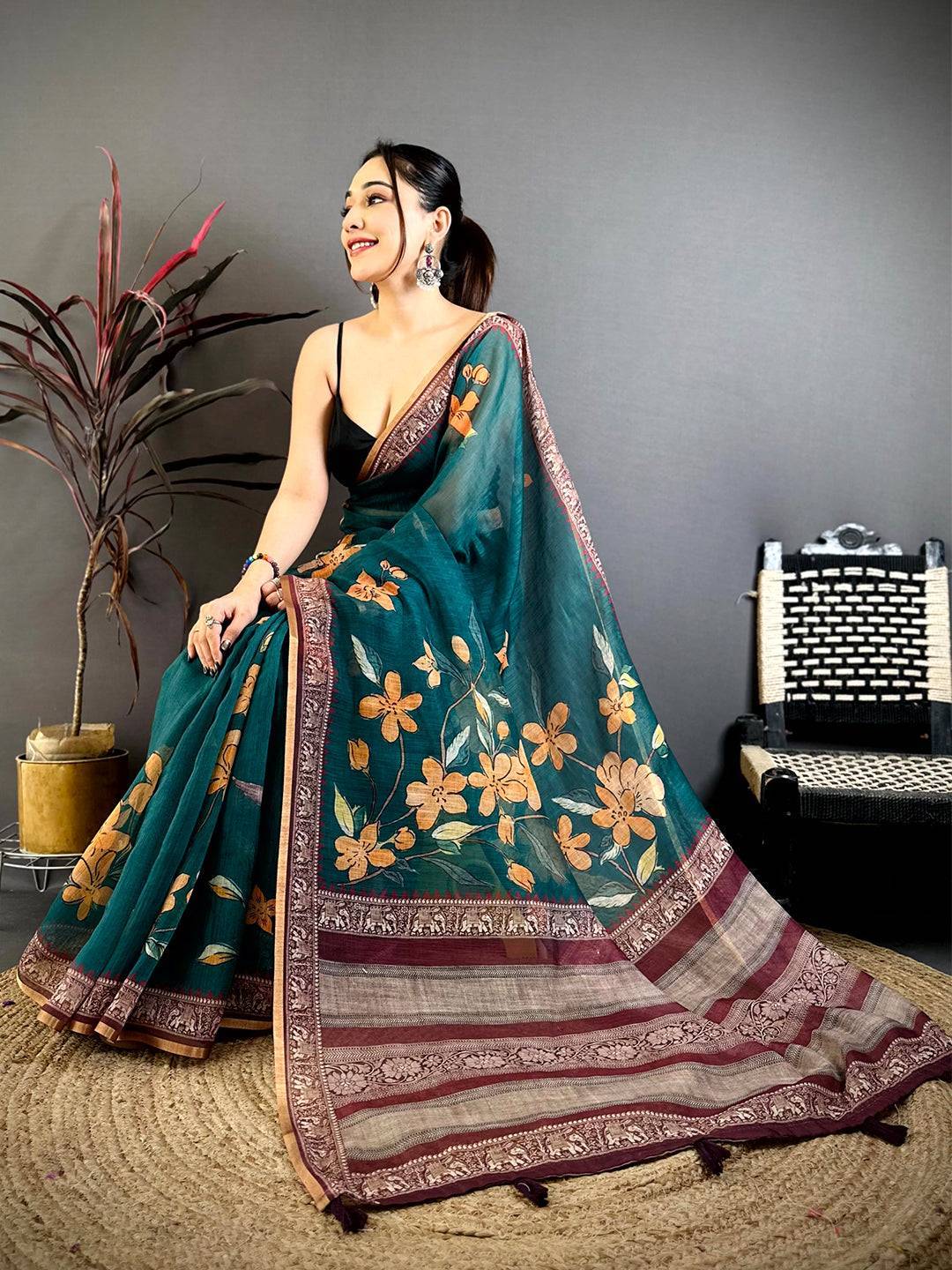 Radiant Linen Floral Kalamkari Saree