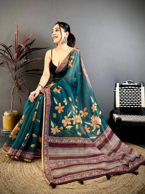 Radiant Linen Floral Kalamkari Saree